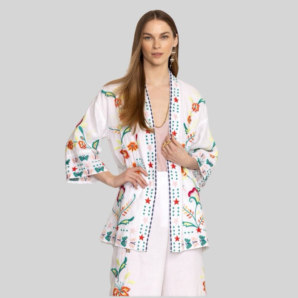 Johnny Was Averi Linen Kimono Floral Embroidered Size XL White Long Line Resort